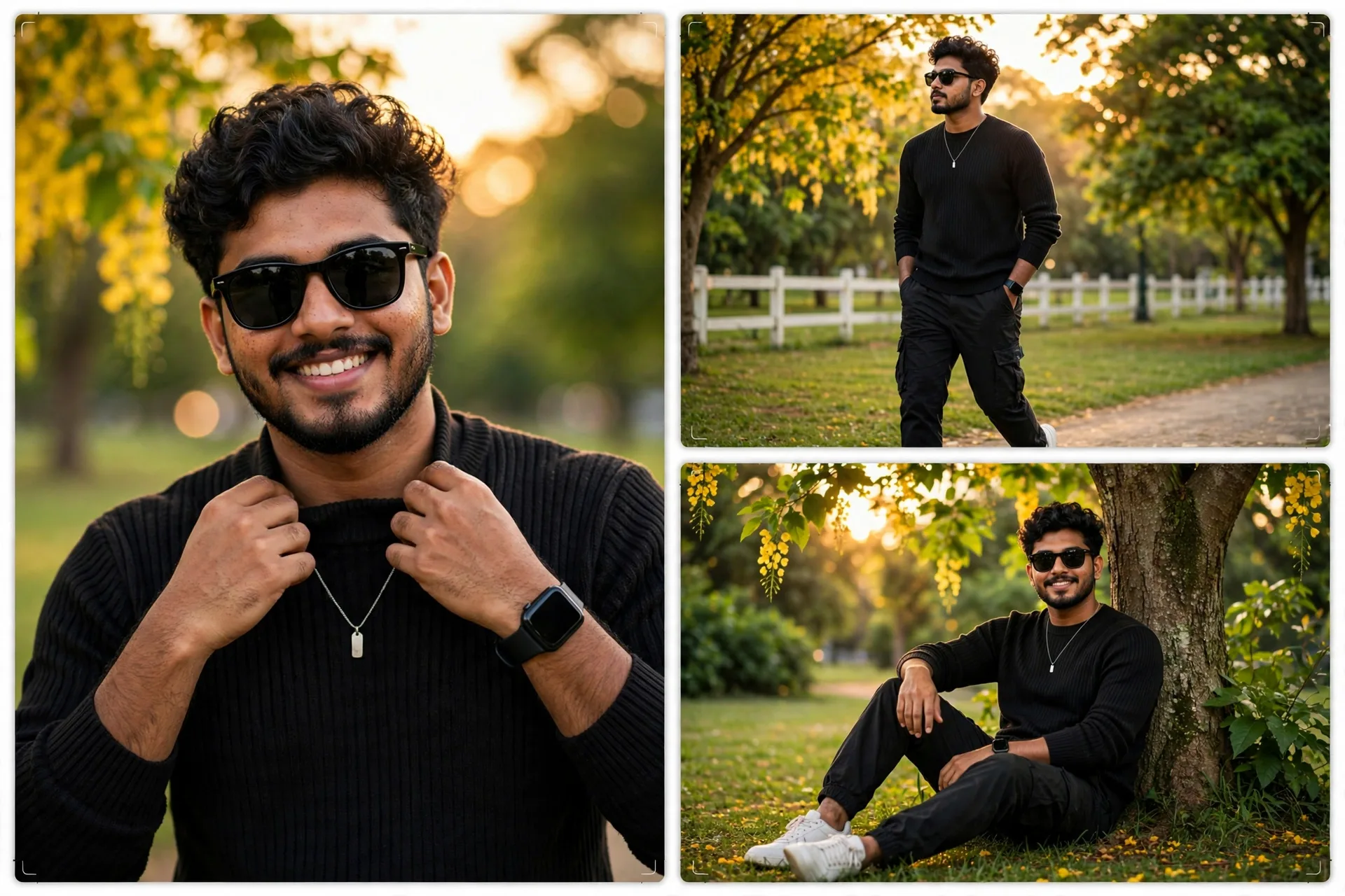 Create your a image. Ultra-realistic outdoor fashion portrait collage of a stylish young South Asian man in a lush green park during golden
