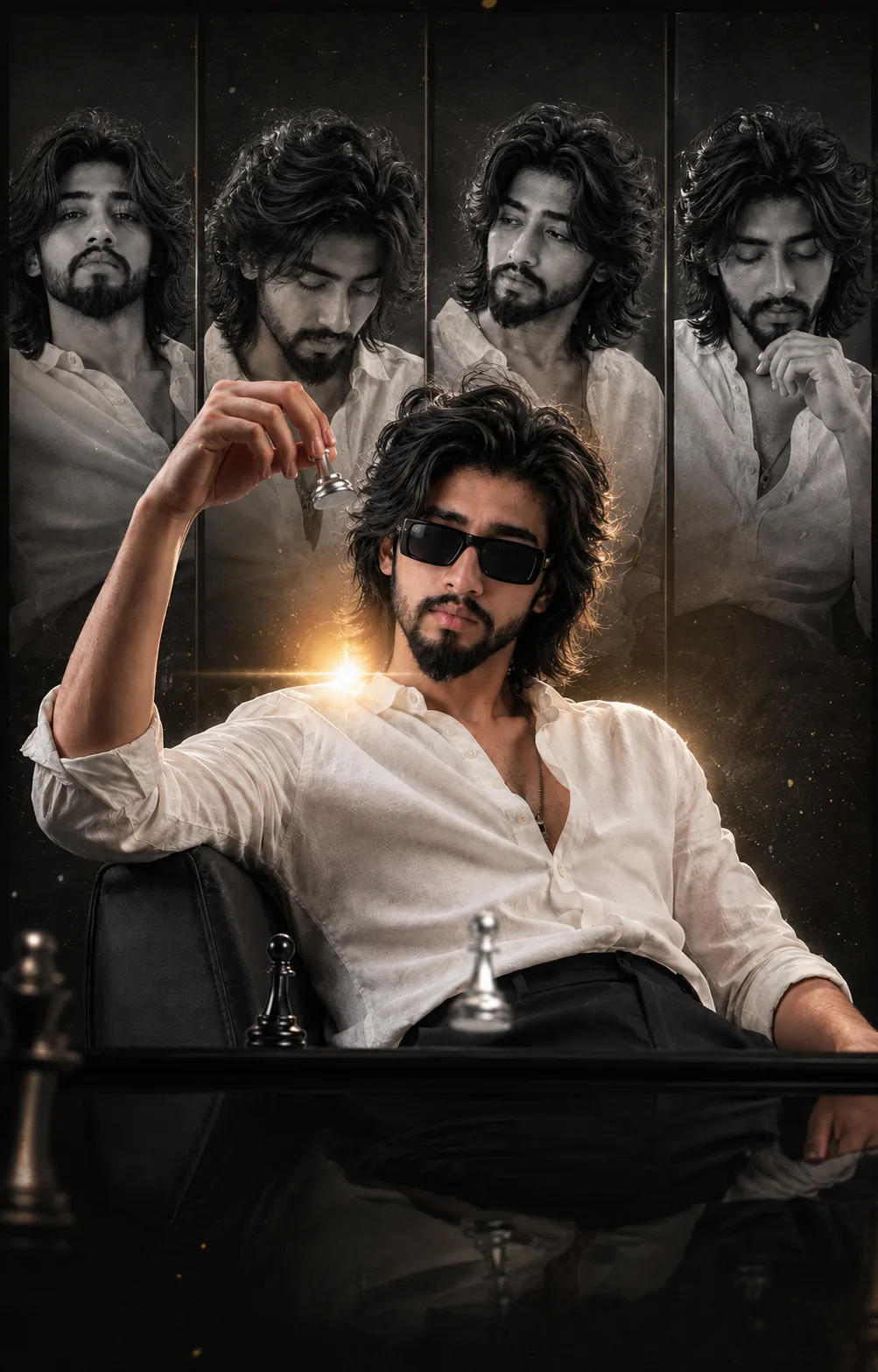 Prompt: A high-concept, cinematic portrait photo featuring a subject playing chess, set against a dark multi-panel background reflection