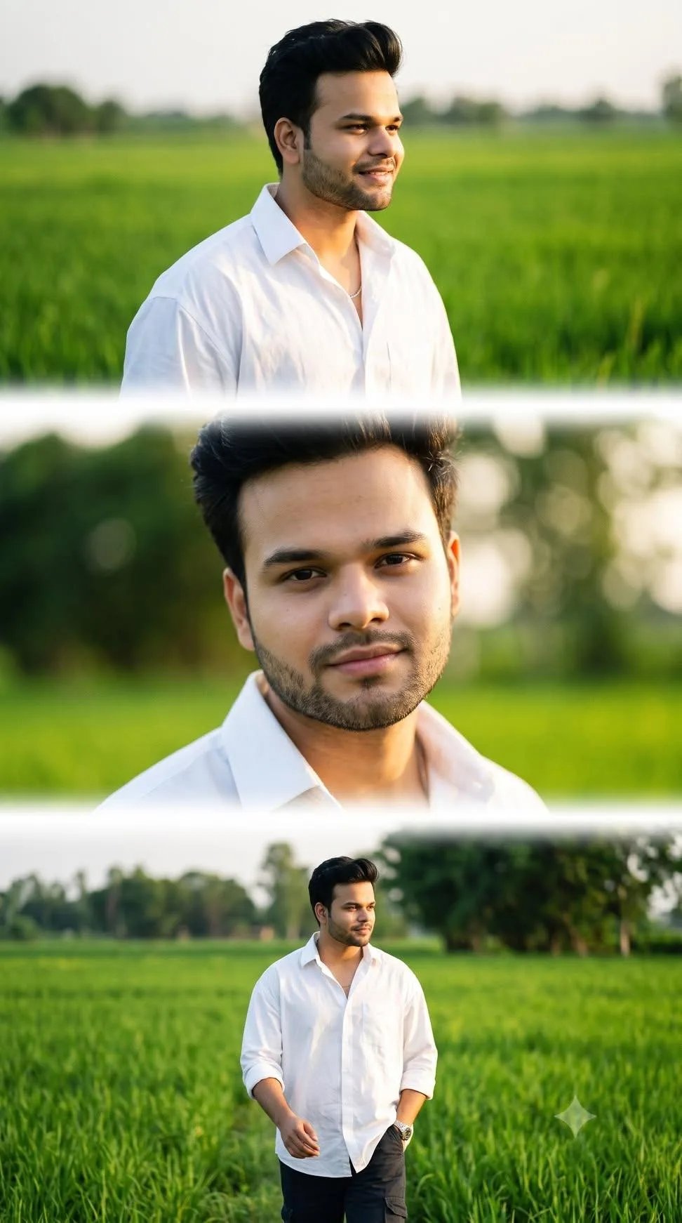 A vertically stacked photo collage consisting of three panels featuring the same handsome young Indian man with neat dark hair, a trimmed