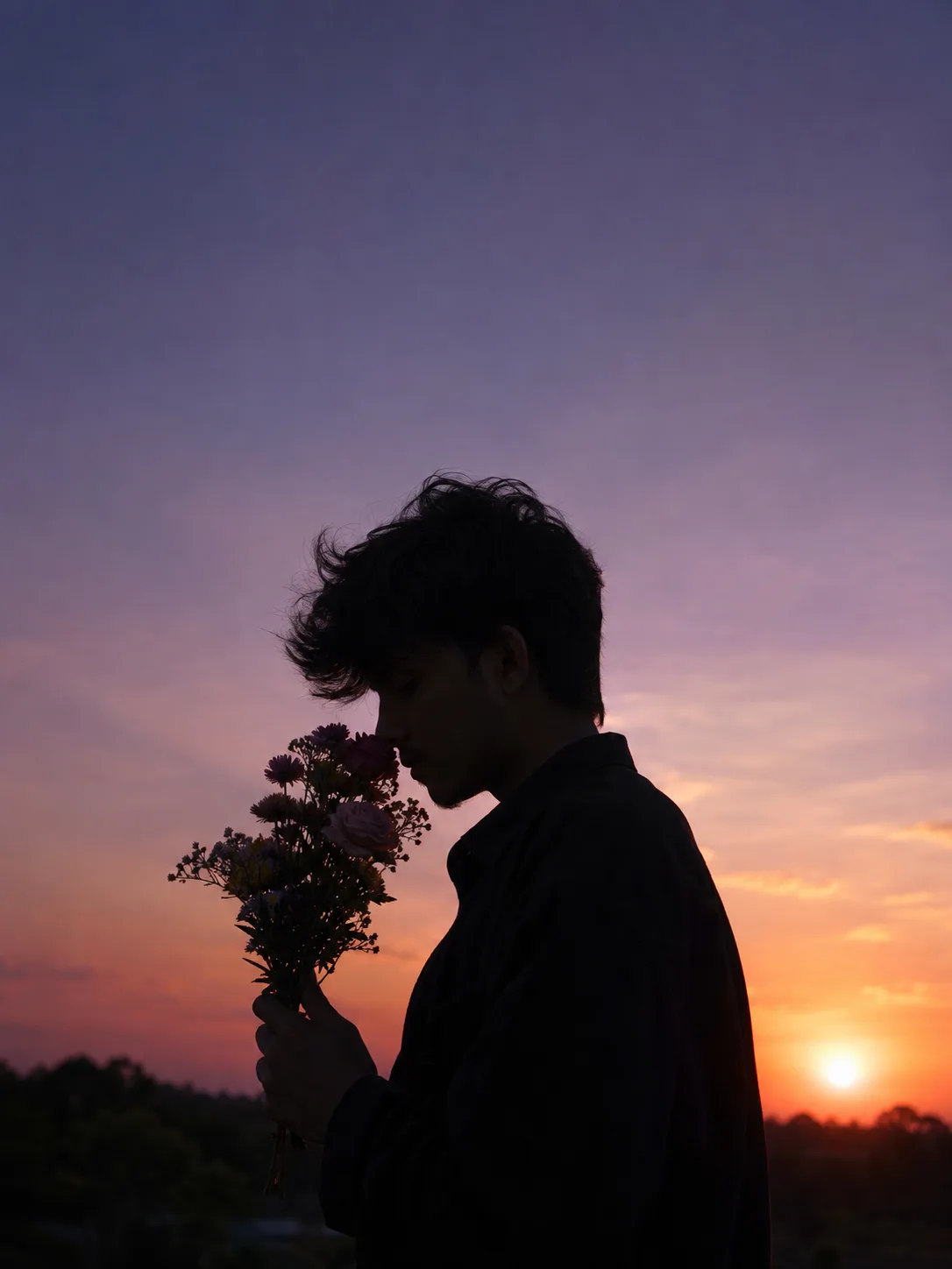 Create an ultra-realistic cinematic fine-art photograph of a young South Asian man shown in a quiet romantic silhouette, standing outdoors