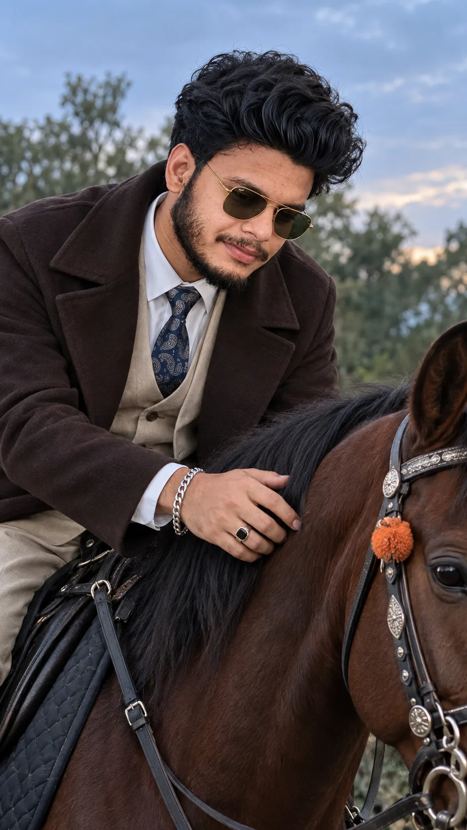 Title: “Equestrian Gentleman — Vintage Rider Portrait” Create an ultra-realistic, cinematic vertical 9:16 portrait of a young South Asian