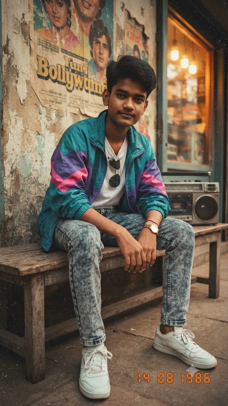 Create an ultra-photorealistic HD vintage 1986 analog Polaroid-style solo portrait of a 14-year-old South Asian boy, with a youthful