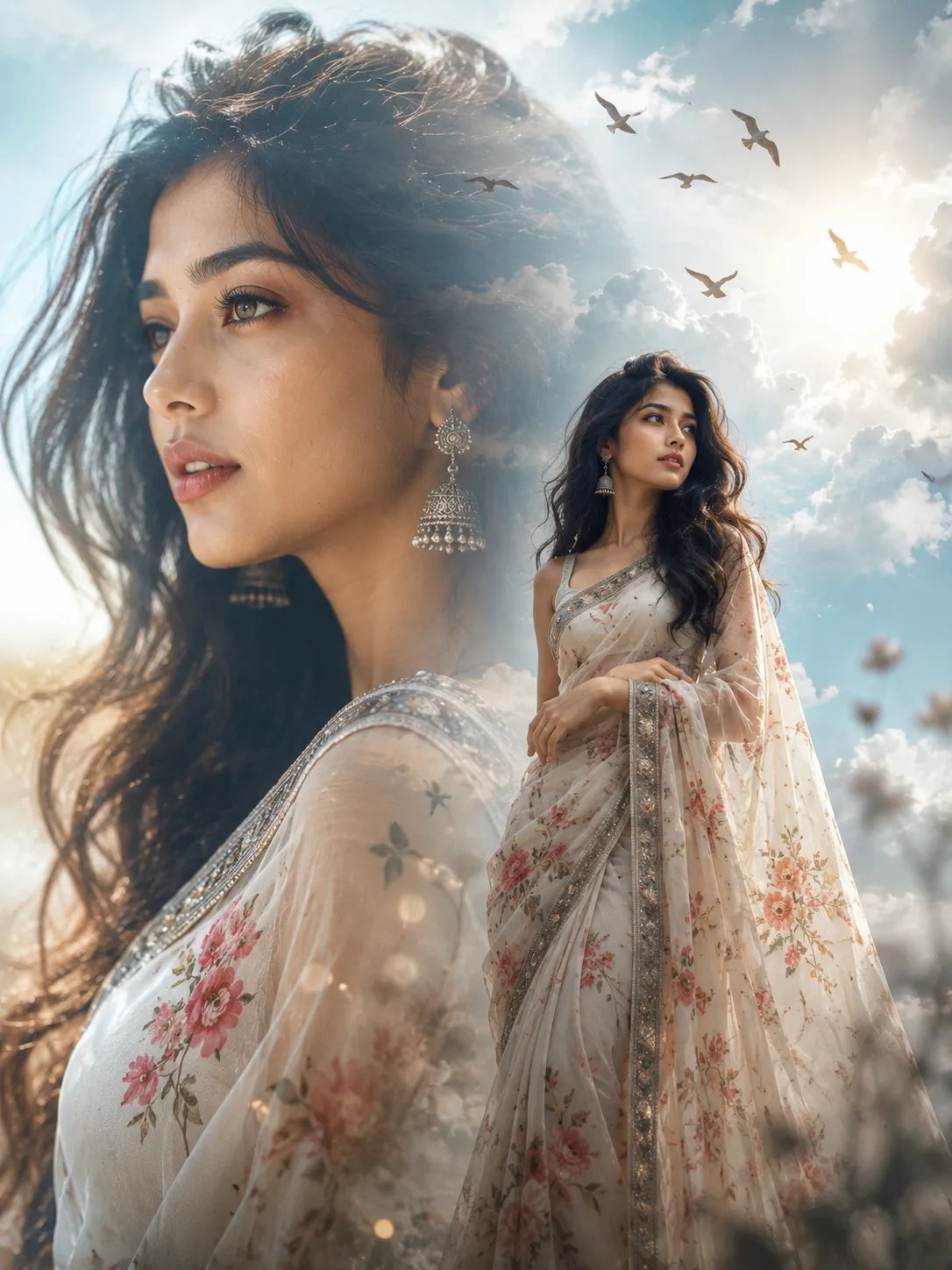 Generate a high-quality, double exposure style portrait of a woman.