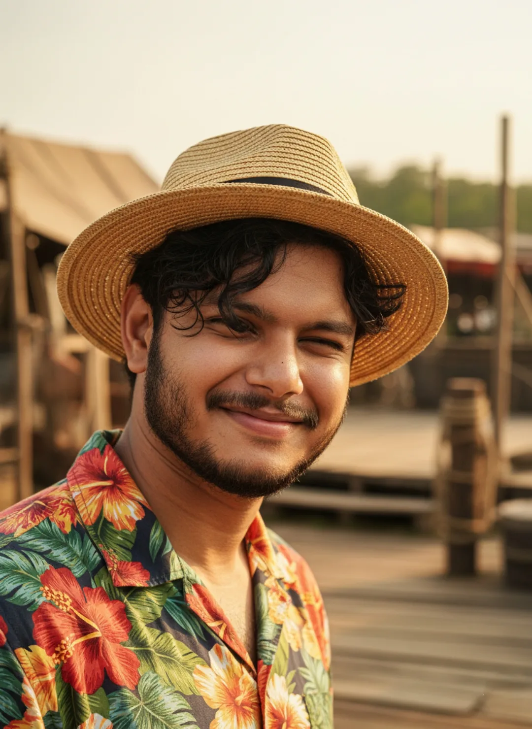 > A close-up portrait of a 26-year-old Indian man with a warm, friendly smile and dark curly hair peeking out from under a light brown