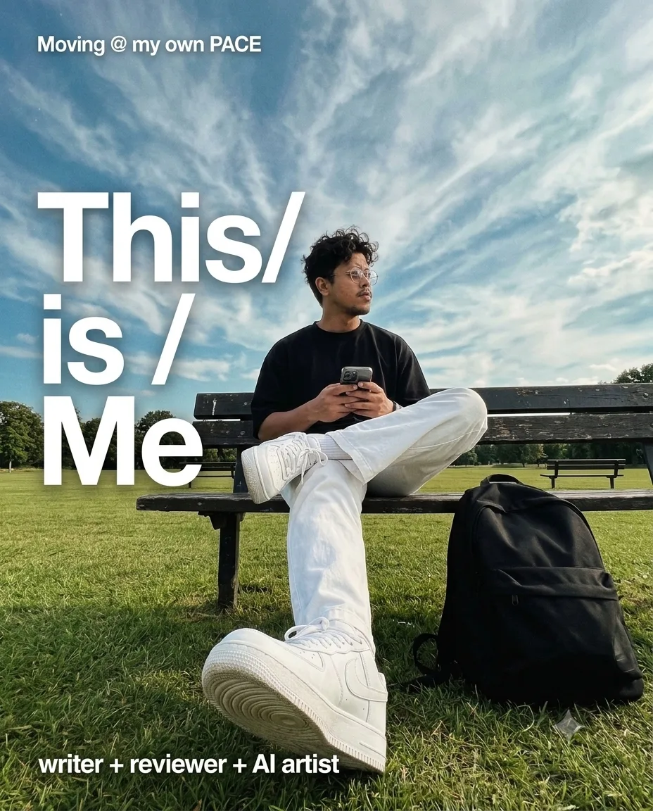 Minimalist contemporary lifestyle editorial poster of a stylish young man relaxing on a dark wOoden park bench in a wide green lawn,