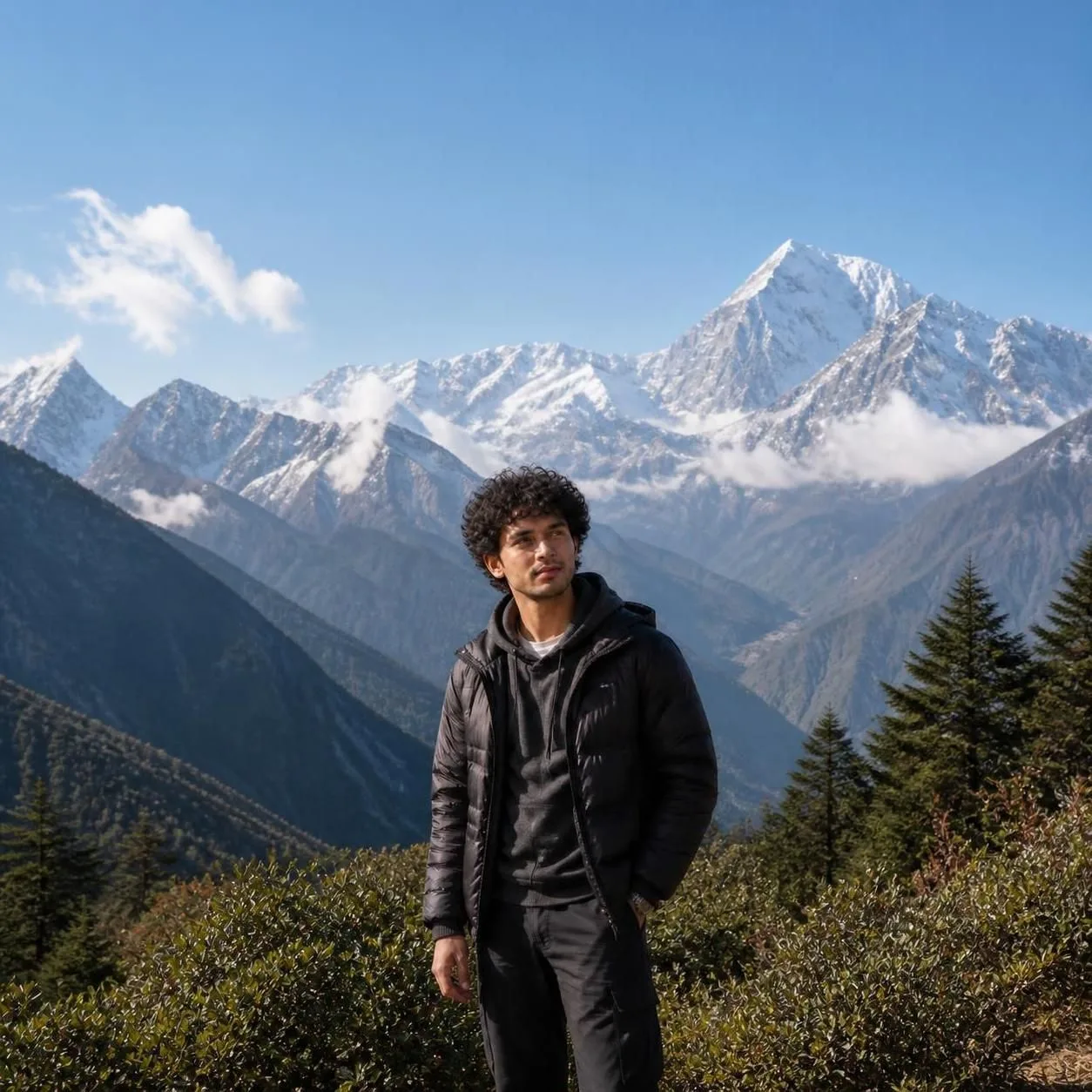 Create a highly realistic outdoor travel portrait of a young man standing on a lush Himalayan mountain viewpoint during a clear morning.