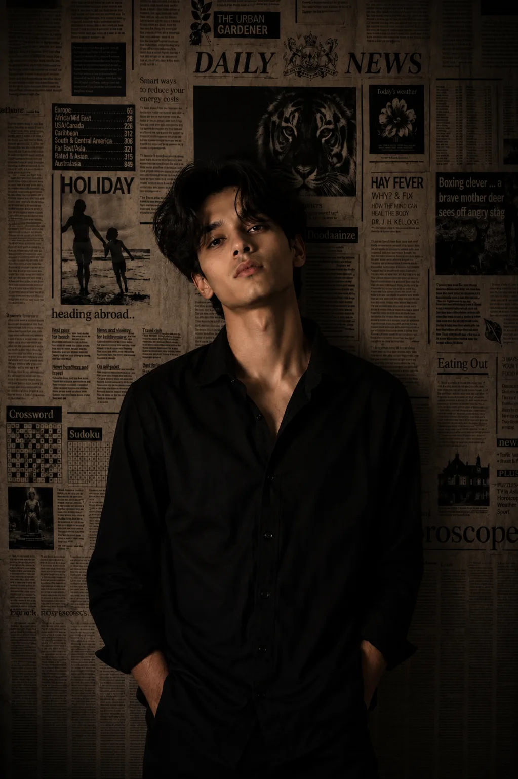 Prompt: Create an ultra-photorealistic, high-end cinematic fashion portrait of a young South Asian male standing indoors against a dramatic
