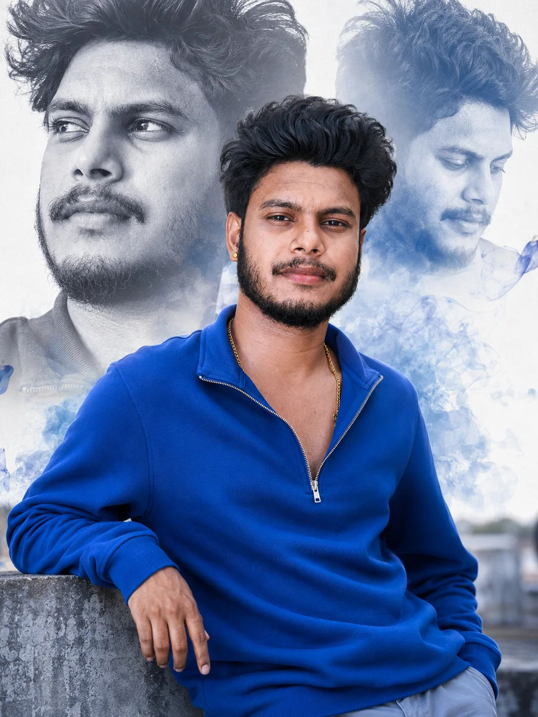 Ultra-realistic cinematic fashion portrait, young Indian man with thick messy side-swept black hair, groomed beard, warm brown skin,