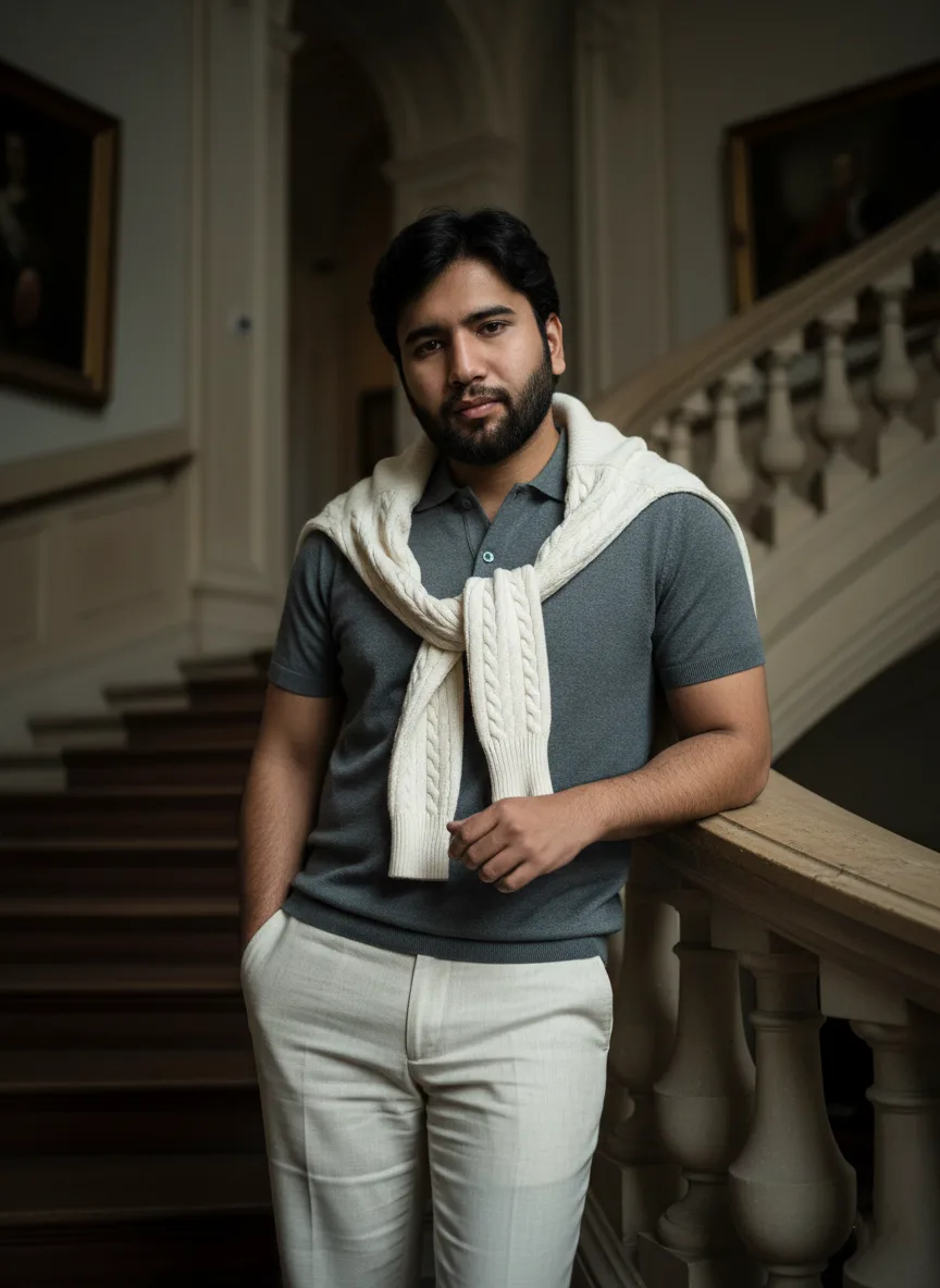 A photorealistic, moody fashion editorial portrait of a handsome, sophisticated man in his late 20s with black hair and a black beard, like