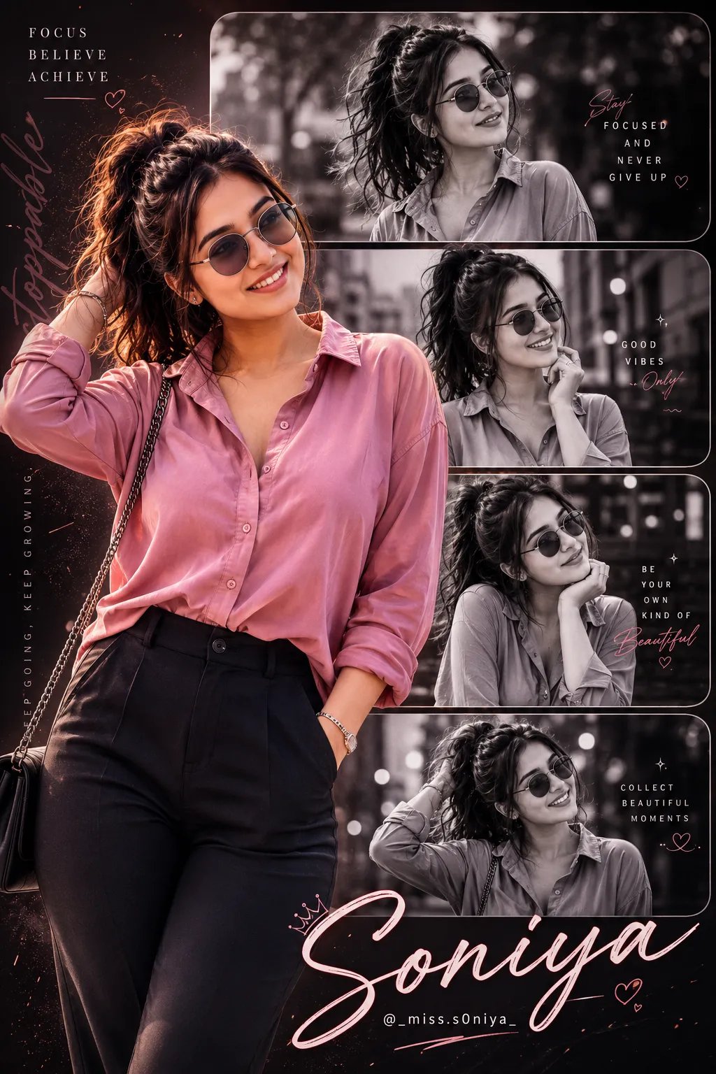 (◕‿◕) NEW TRENDING PRONT EDIT BY-@uk_ravi_hr "Vertical collage poster, 4 stacked rounded B&W panels of same woman with sunglasses,