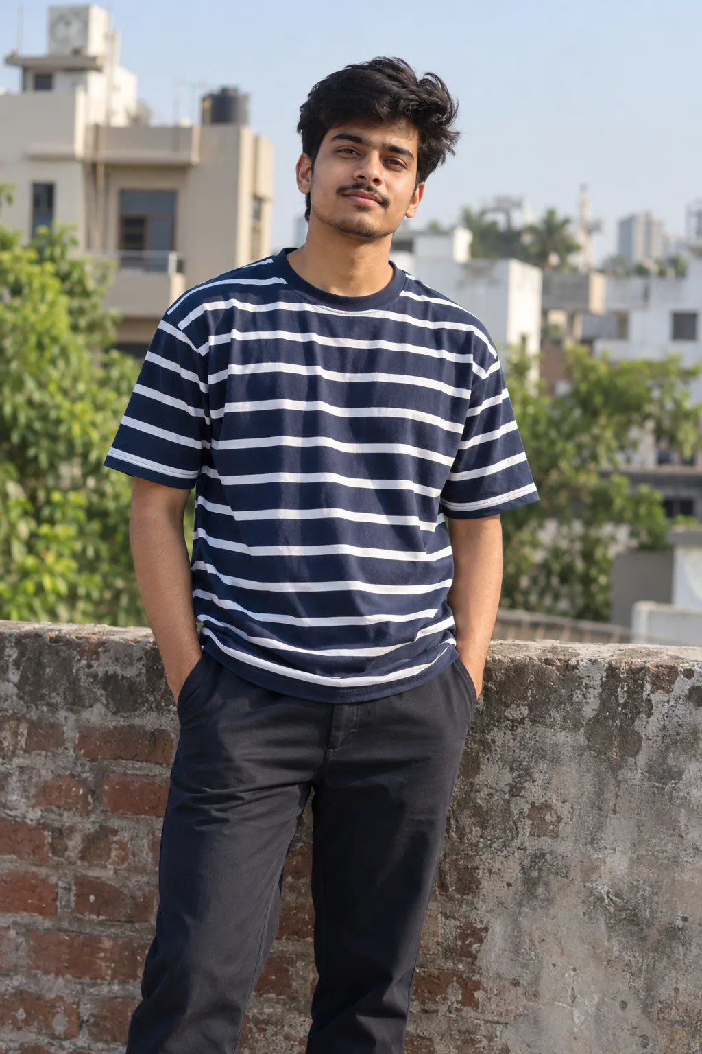 Create a highly realistic, ultra-detailed cinematic outdoor portrait of the young Indian man shown in the reference image.
