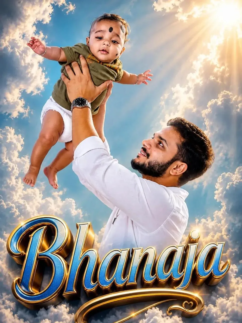 A dramatic, vertical, low-angle photograph capturing a joyful Indian man (medium shot, torso-up) lifting an infant high into the air