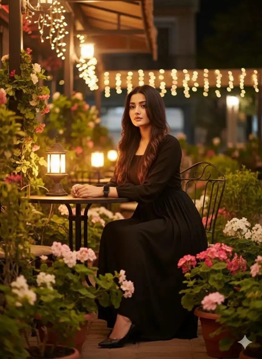 A 23 year old young women (same face as reference) straight wavy at the end long hair over the eye sits at an outdoor café at night,