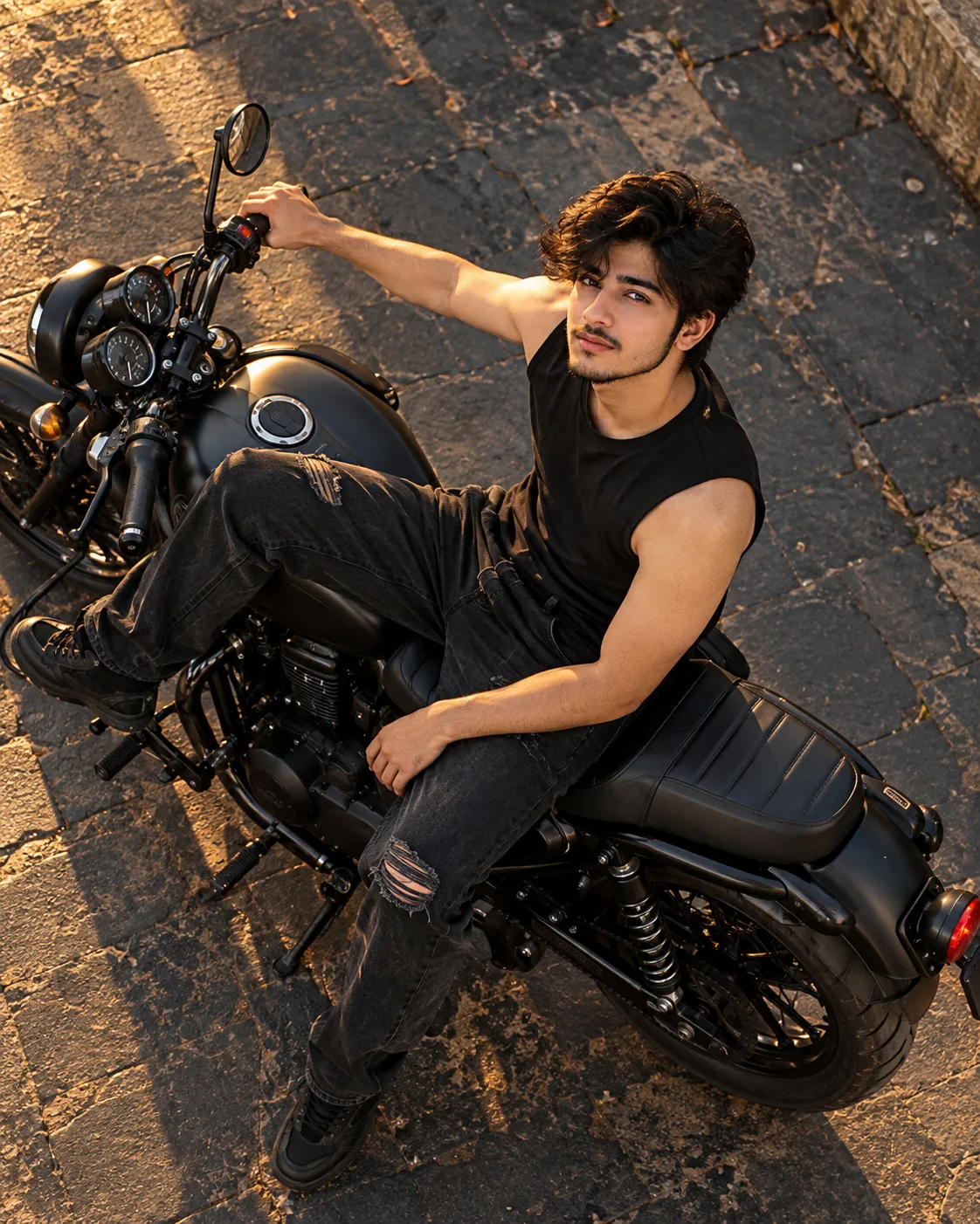 Ultra-realistic cinematic 8K motorcycle fashion portrait using my uploaded photo as the exact face reference.