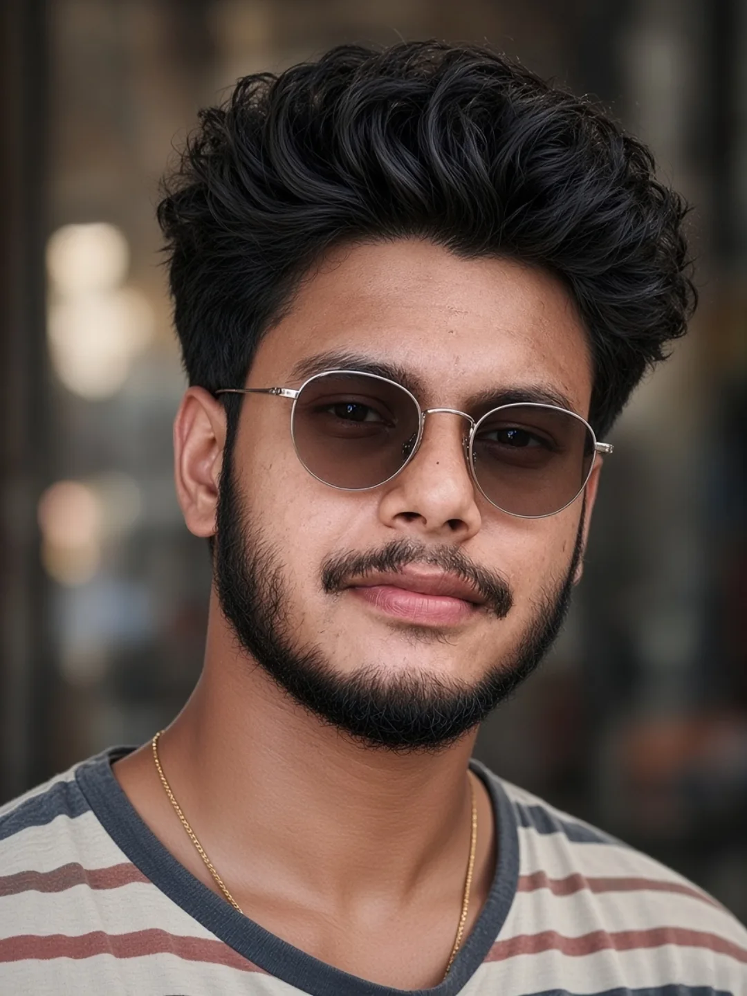A highly detailed close-up portrait of a young South Asian man in his early 20s, with medium-brown skin, thick black wavy hair styled in a