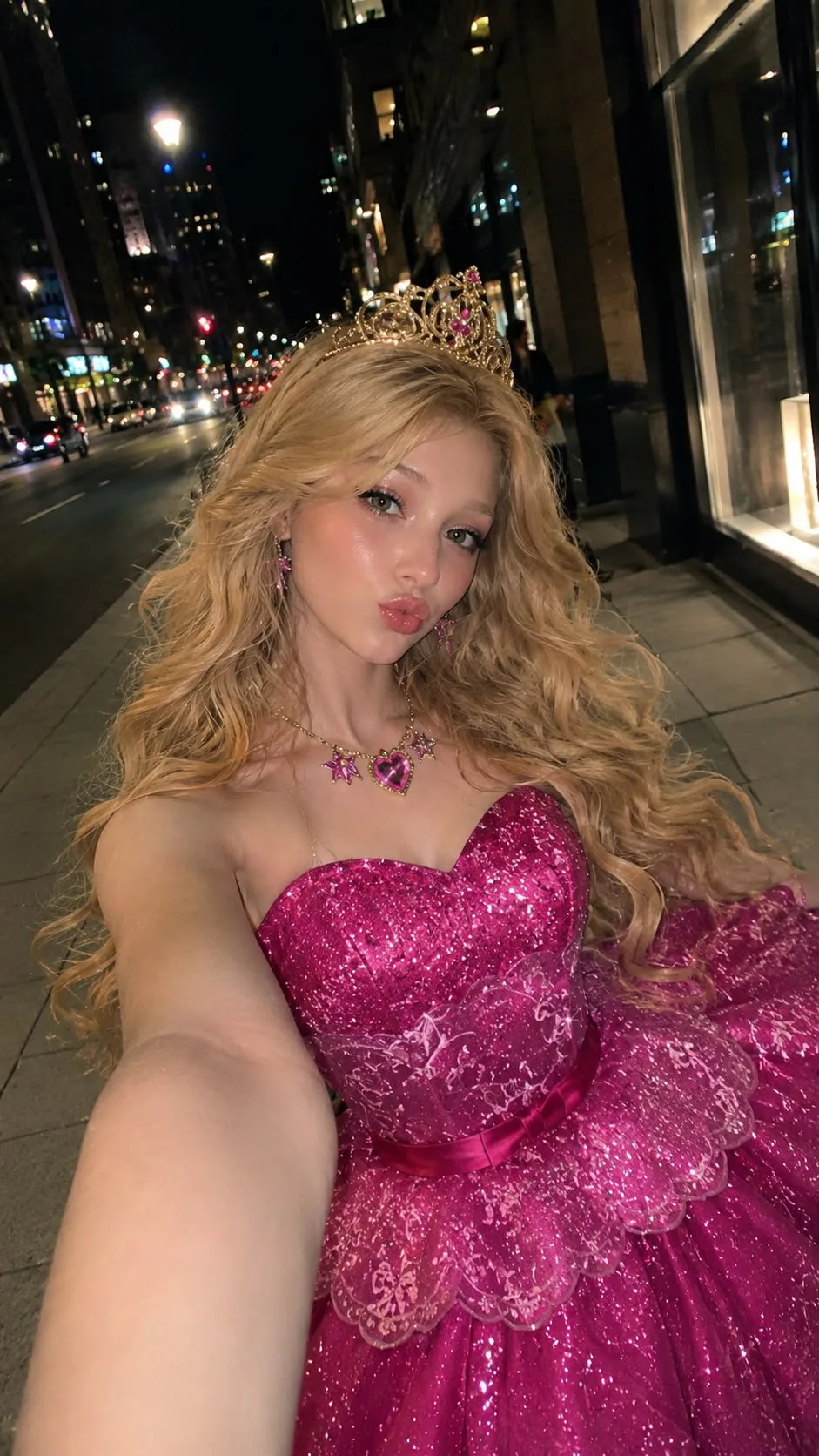 Create an ultra-realistic cinematic vertical selfie portrait of a glamorous young woman posing on a city street at night.