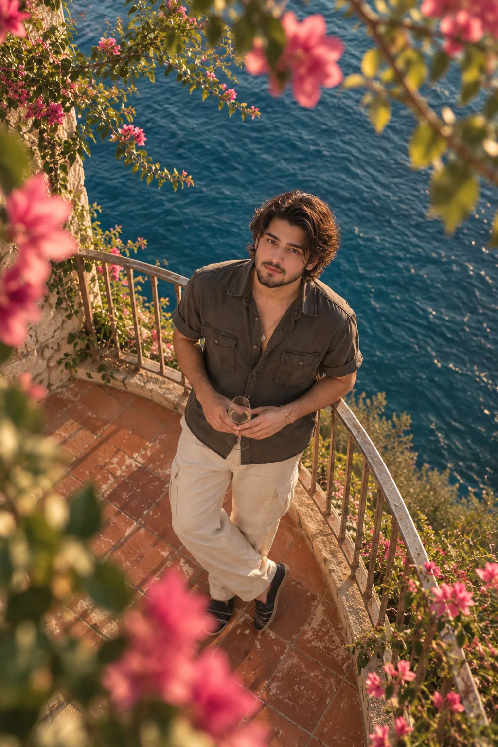 **Ultra-realistic cinematic editorial photograph of a handsome young adult man standing on a curved terracotta-tiled terrace overlooking