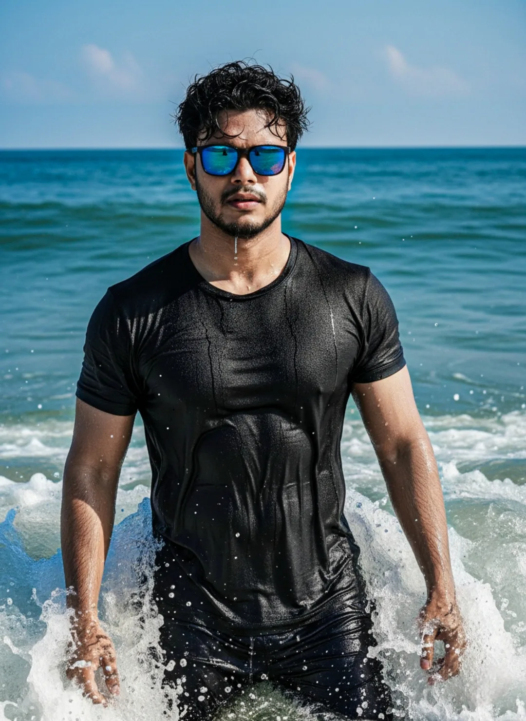 ** A handsome young South Asian man with dark wavy wet hair and a short beard, wearing reflective blue mirrored sunglasses, standing