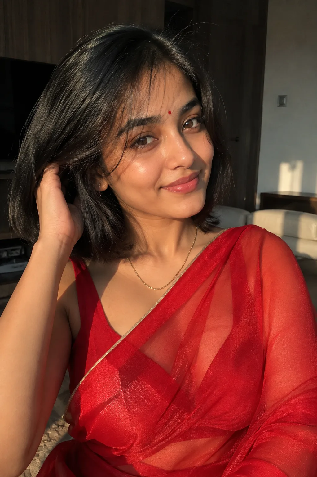 Close-up portrait of a young smiling South Asian woman touching her short dark hair.