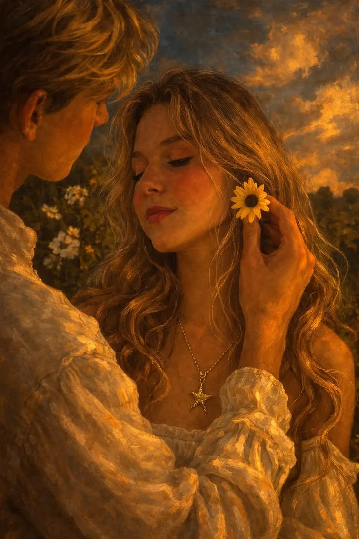 Create an ultra-realistic cinematic romantic portrait of a young couple, inspired by a classical vintage oil painting.