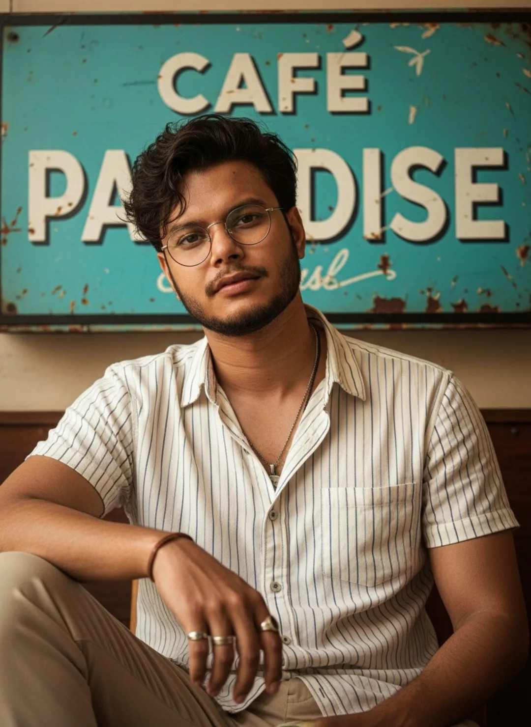 A young South Asian man with medium-dark skin tone, wavy dark brown hair styled with volume and a side part, light stubble and short beard,