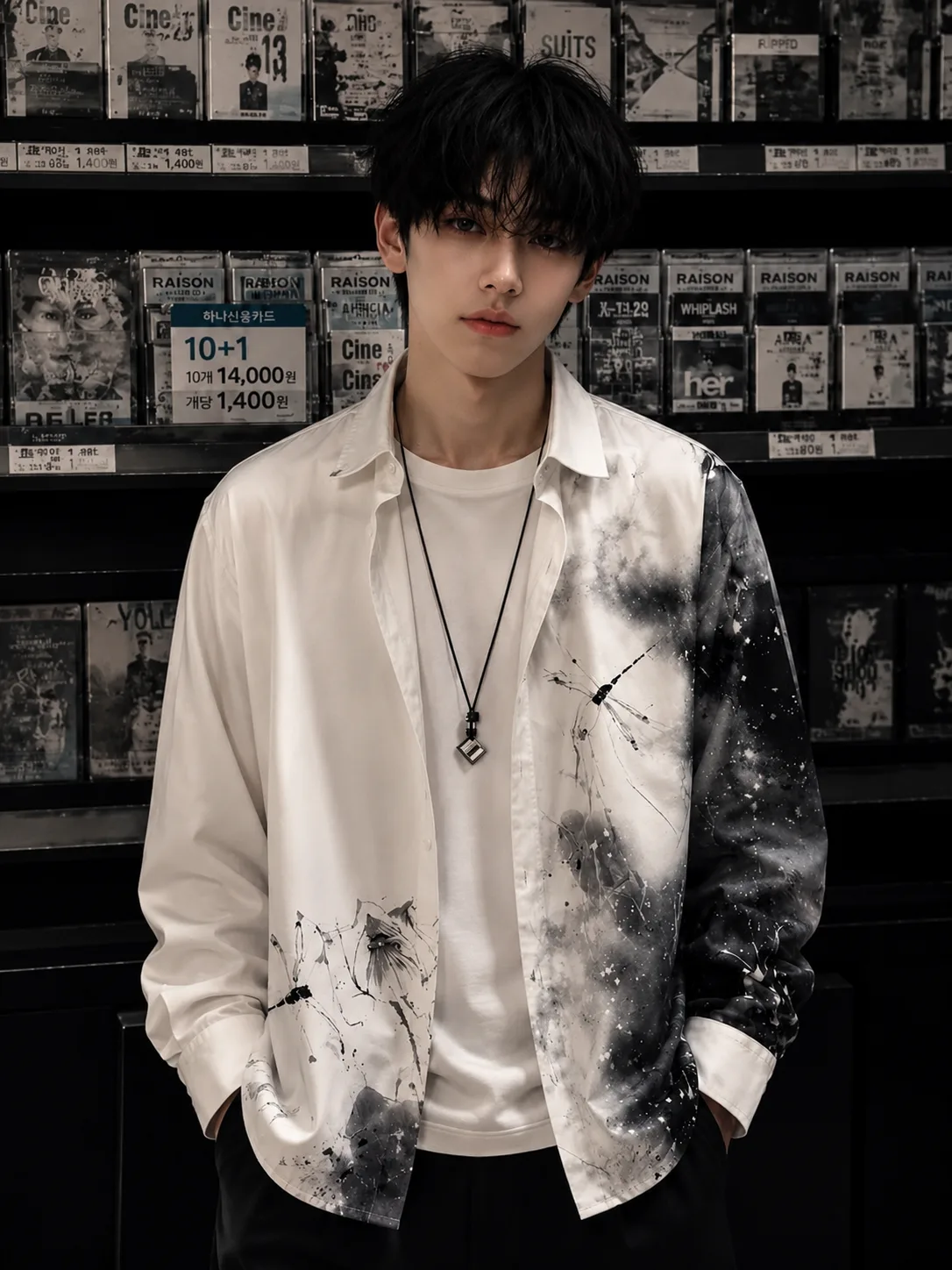 Prompt: Create an ultra-realistic, premium editorial fashion portrait of a young male model standing casually in front of a sophisticated