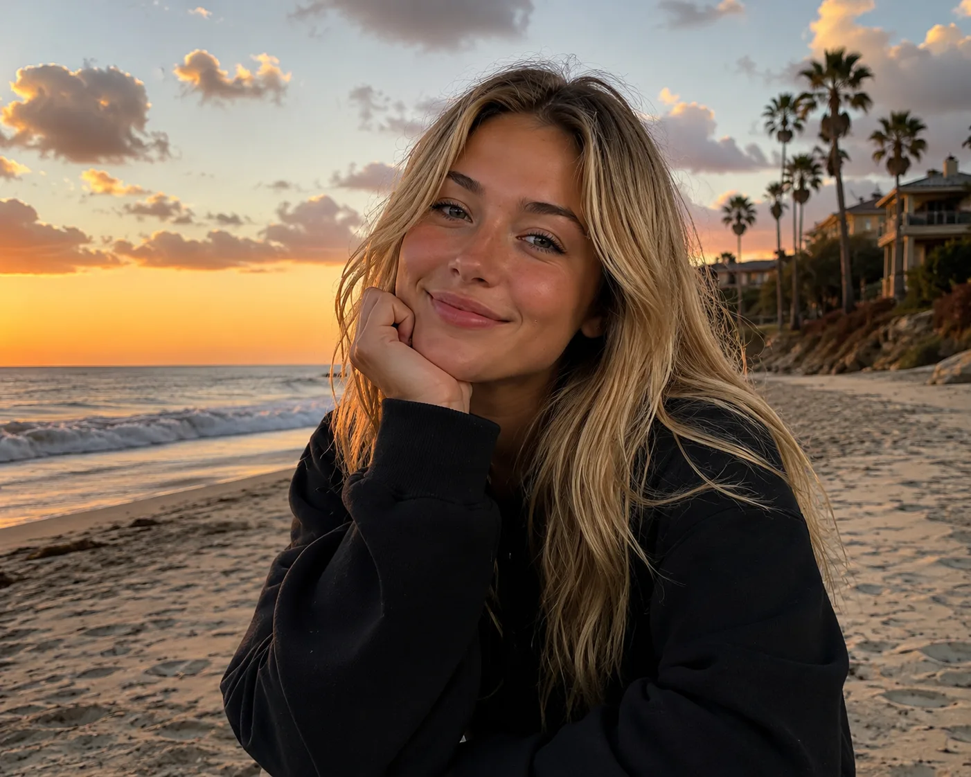 # Master Prompt — Cute Golden-Hour Beach Portrait Create a photorealistic, high-quality portrait of the **same young adult blonde woman