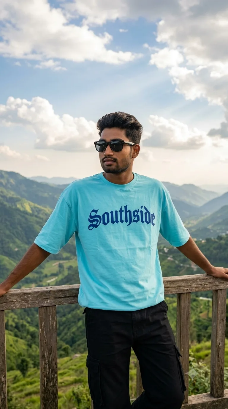 Detailed AI Image Prompt: A vertical 9:16 aesthetic outdoor portrait of a young man enjoying the view from a scenic mountain viewpoint