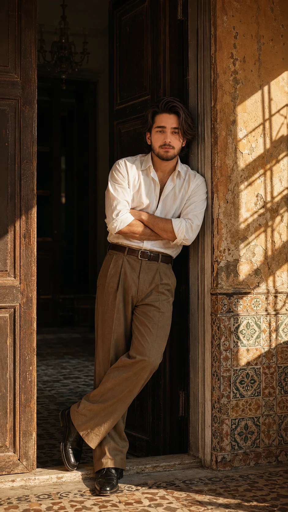 Ultra-realistic cinematic full-body fashion portrait of a stylish young man standing casually in an old European/Mediterranean