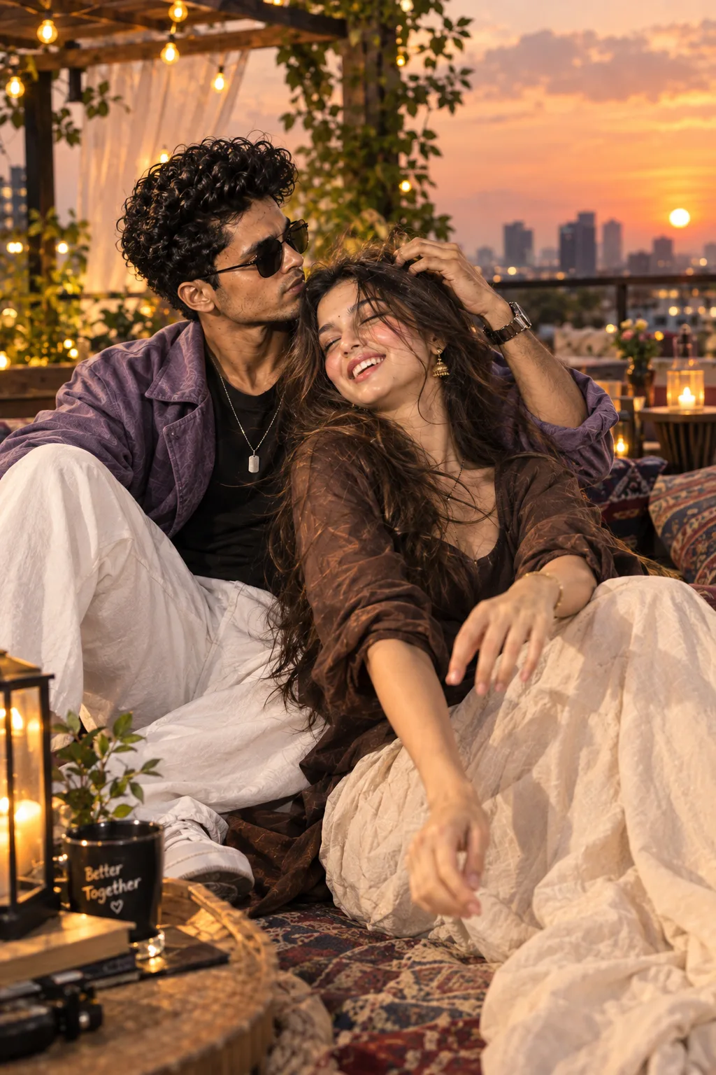 > Ultra-realistic cinematic romantic couple portrait on a luxurious bohemian rooftop terrace during golden-hour sunset.