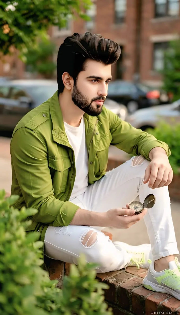 A realistic and detailed photography-style portrait of a handsome young man with thick, perfectly styled voluminous dark brown hair with a