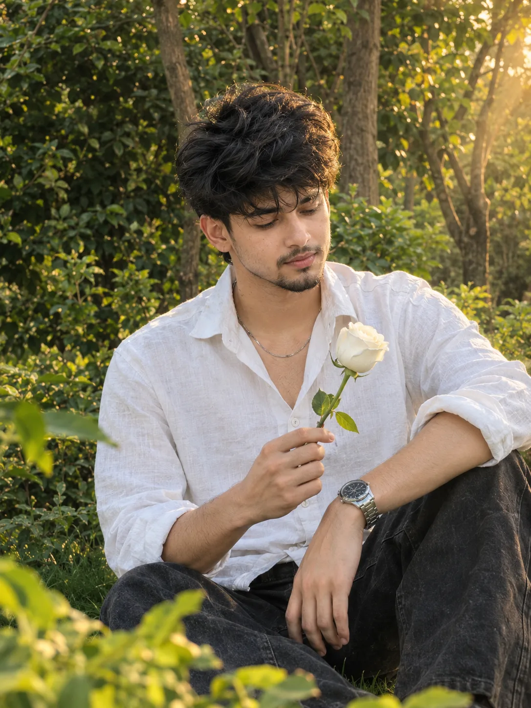 Ultra realistic photograph of a stylish young Indian man sitting casually in a lush green garden, holding a single fresh white rose