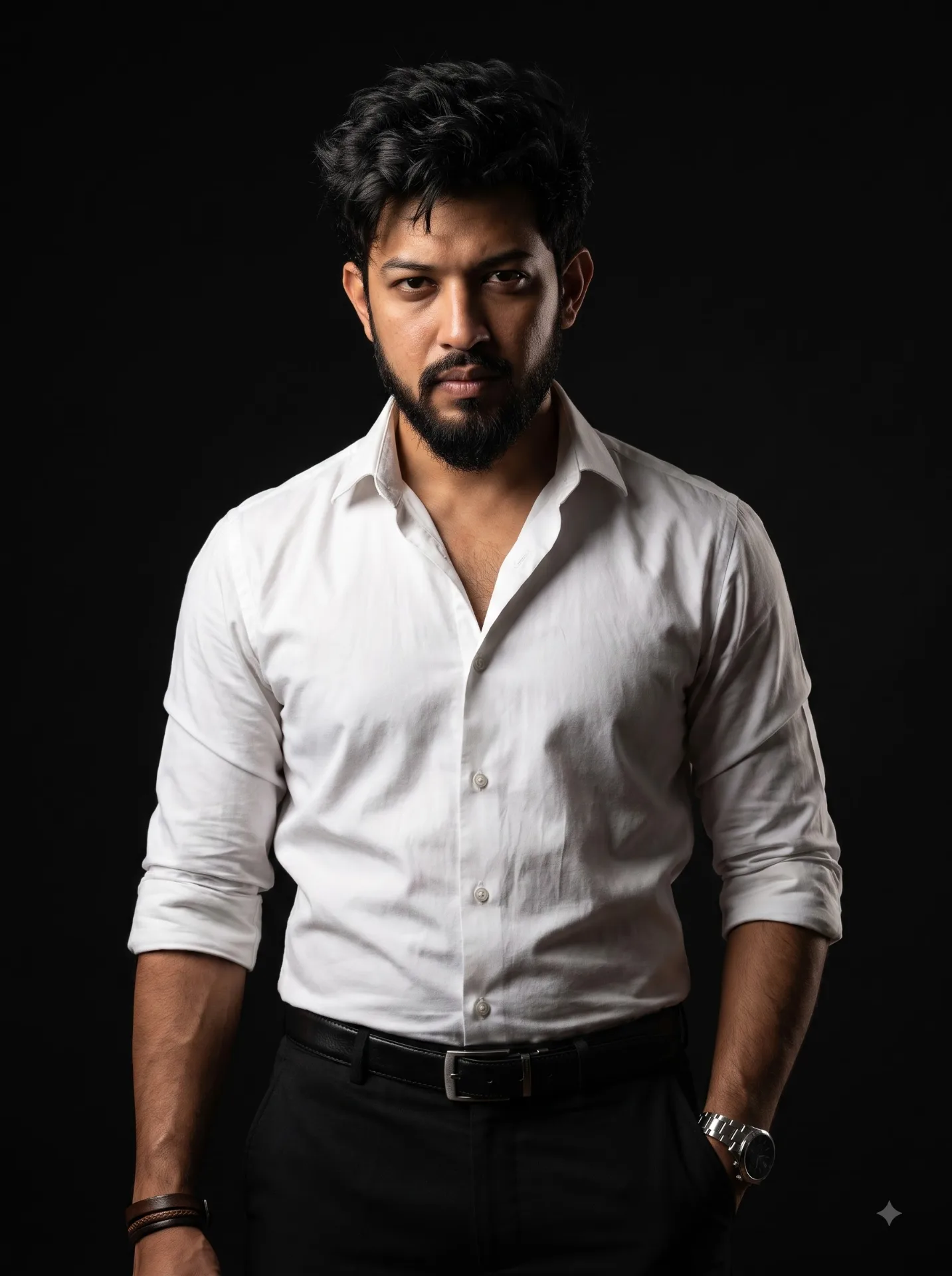 Cinematic low-key studio portrait, handsome bearded man with tousled dark hair, intense direct gaze, wearing open-collar white dress shirt