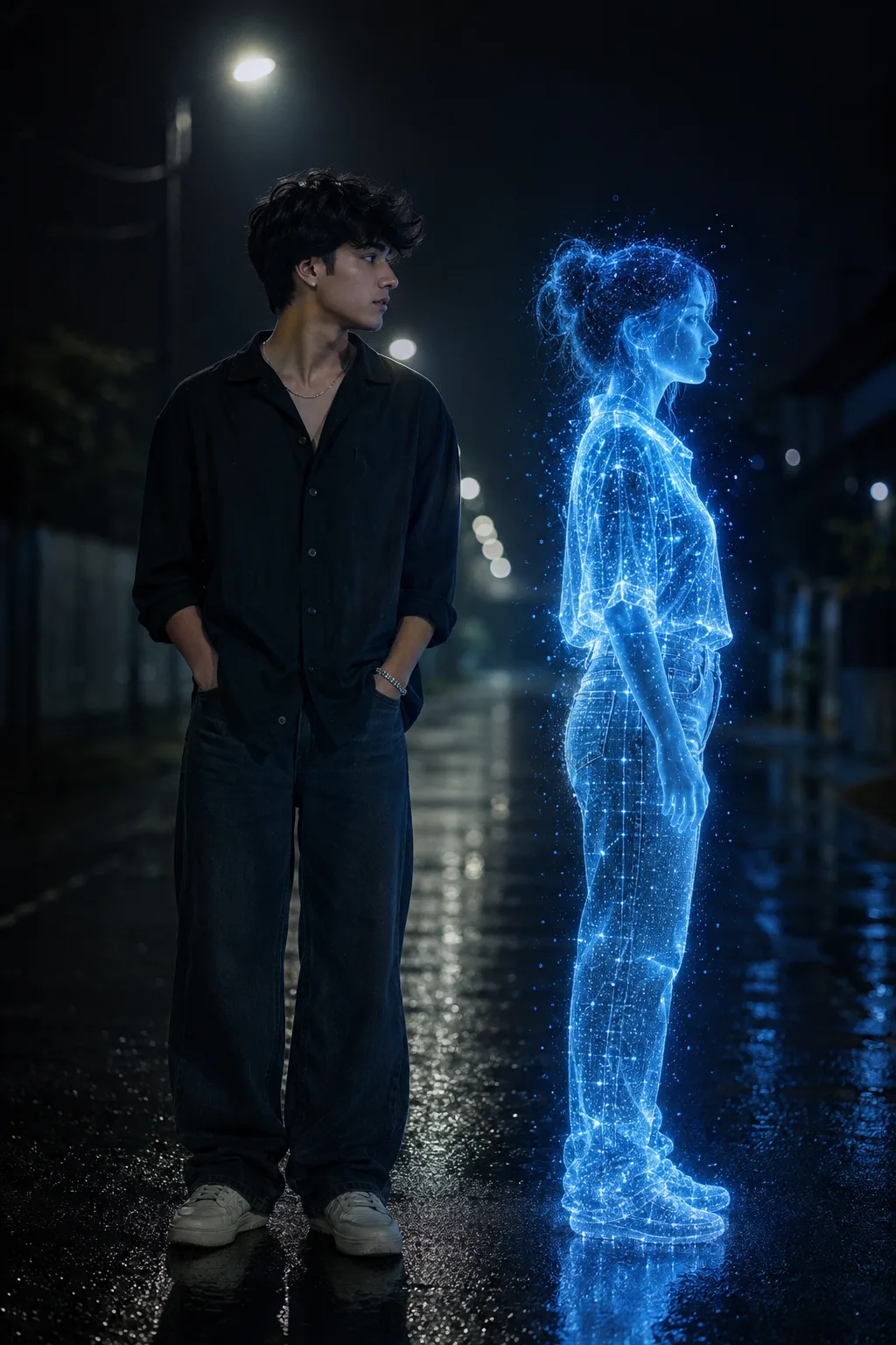 "A dual-portrait photograph set on a rain-slicked, dark street at night, preserving the exact lighting and composition of .