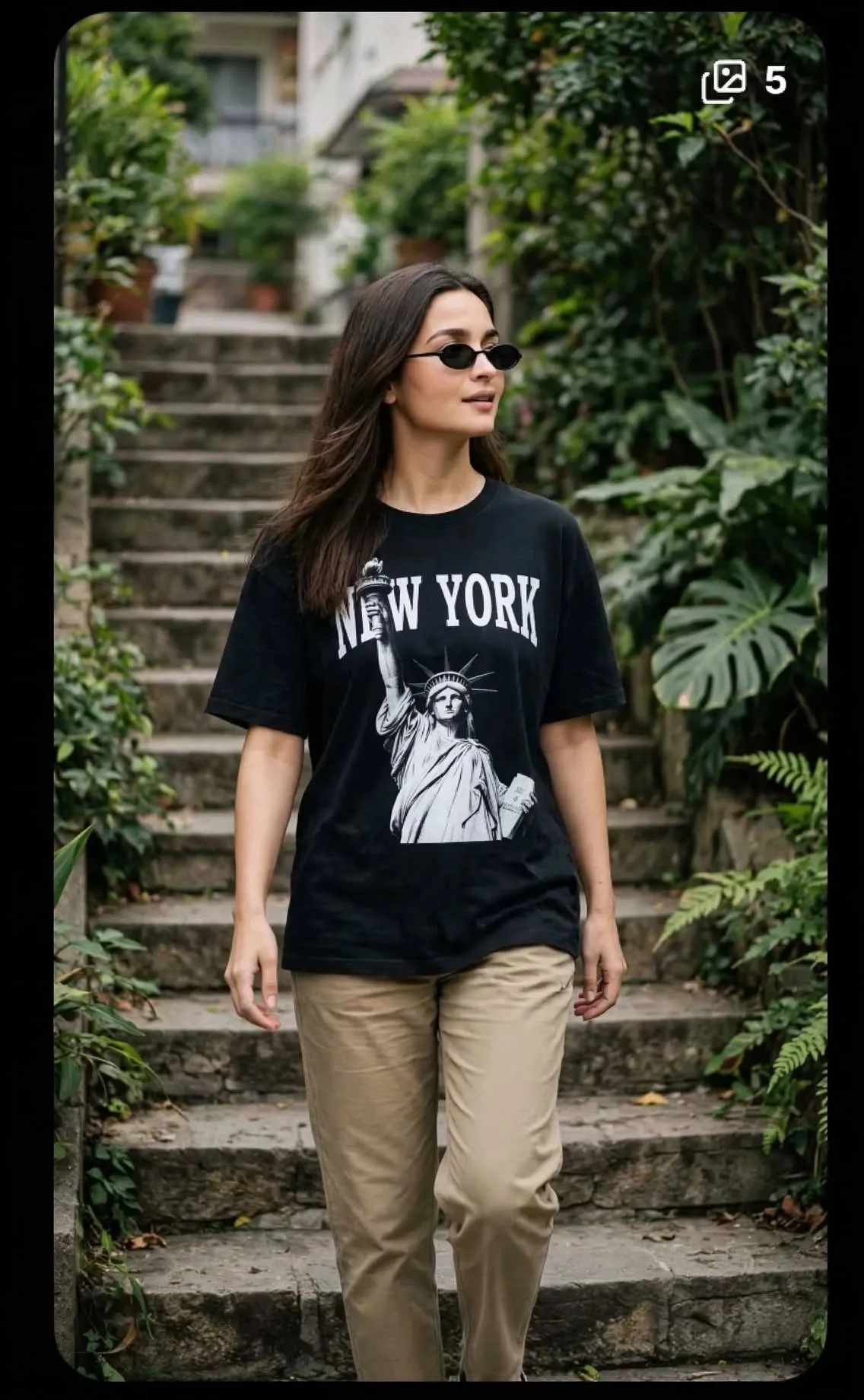 Photorealistic portrait of a young woman with long dark brown hair, wearing small black oval sunglasses, oversized black t-shirt with white