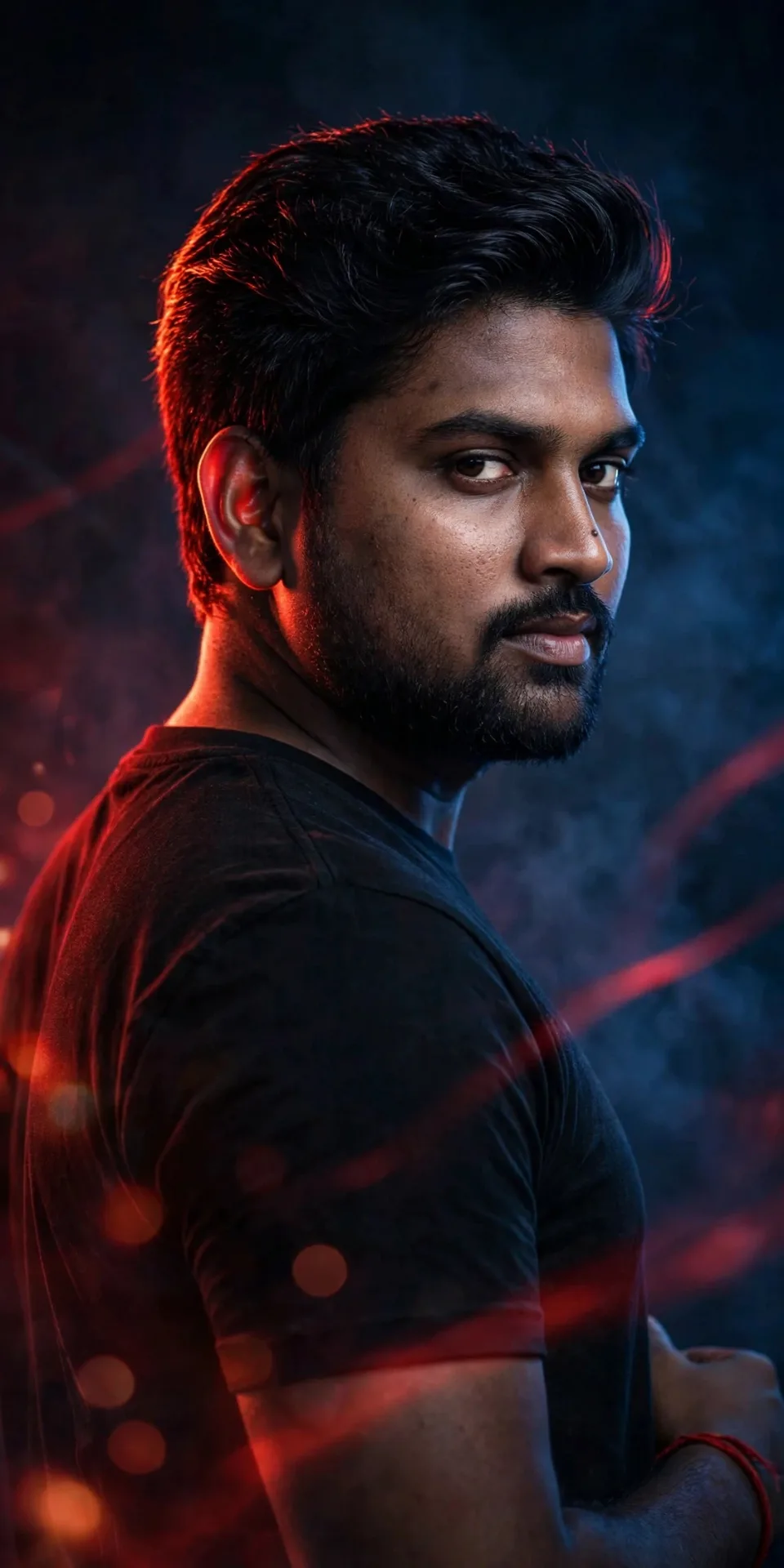 A dramatic cinematic portrait of a young South Asian man wearing a plain black t-shirt, glancing over his shoulder.
