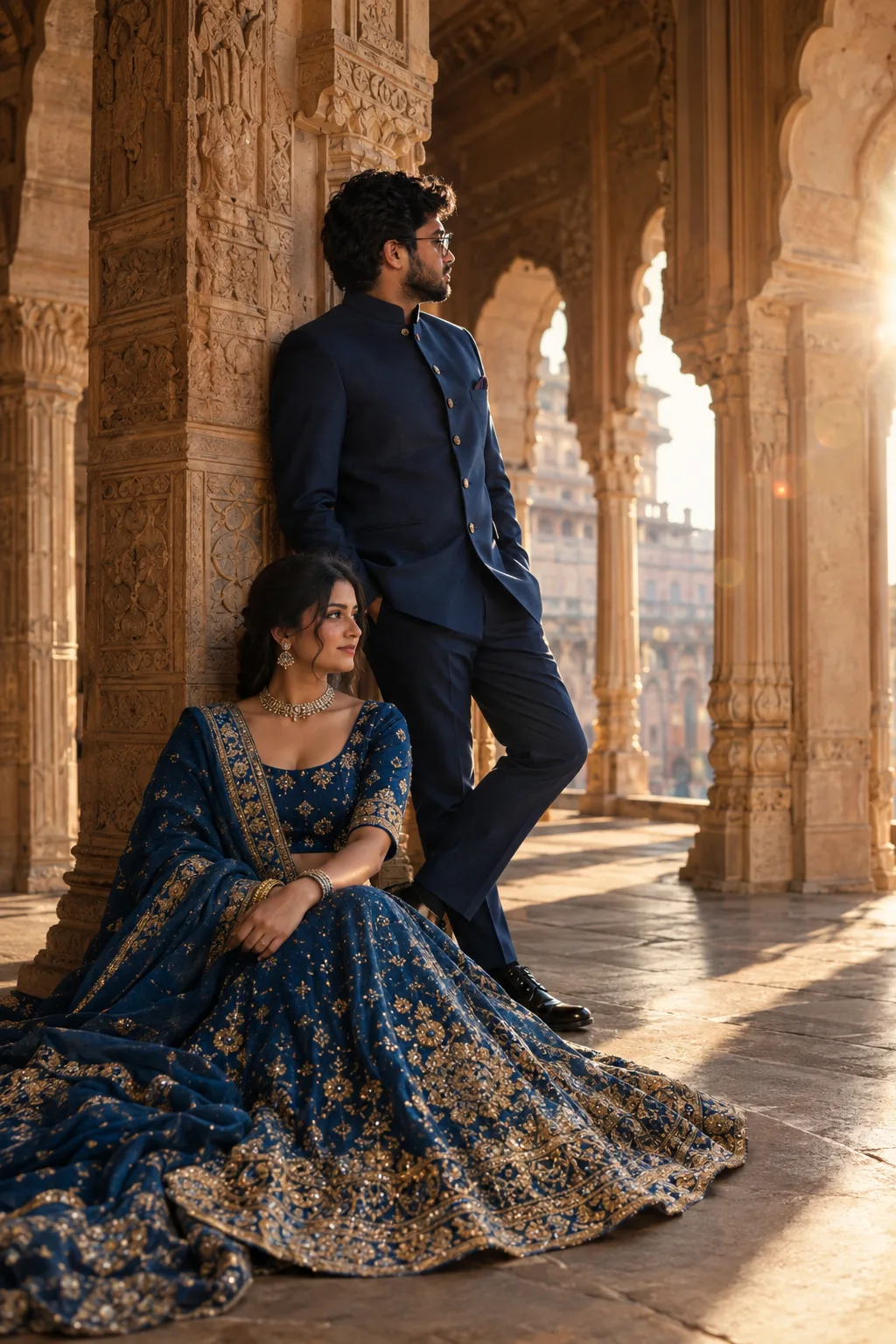 Using the provided reference image, recreate an extreme hyper-realistic ultra wide angle cinematic photograph of the same Indian couple