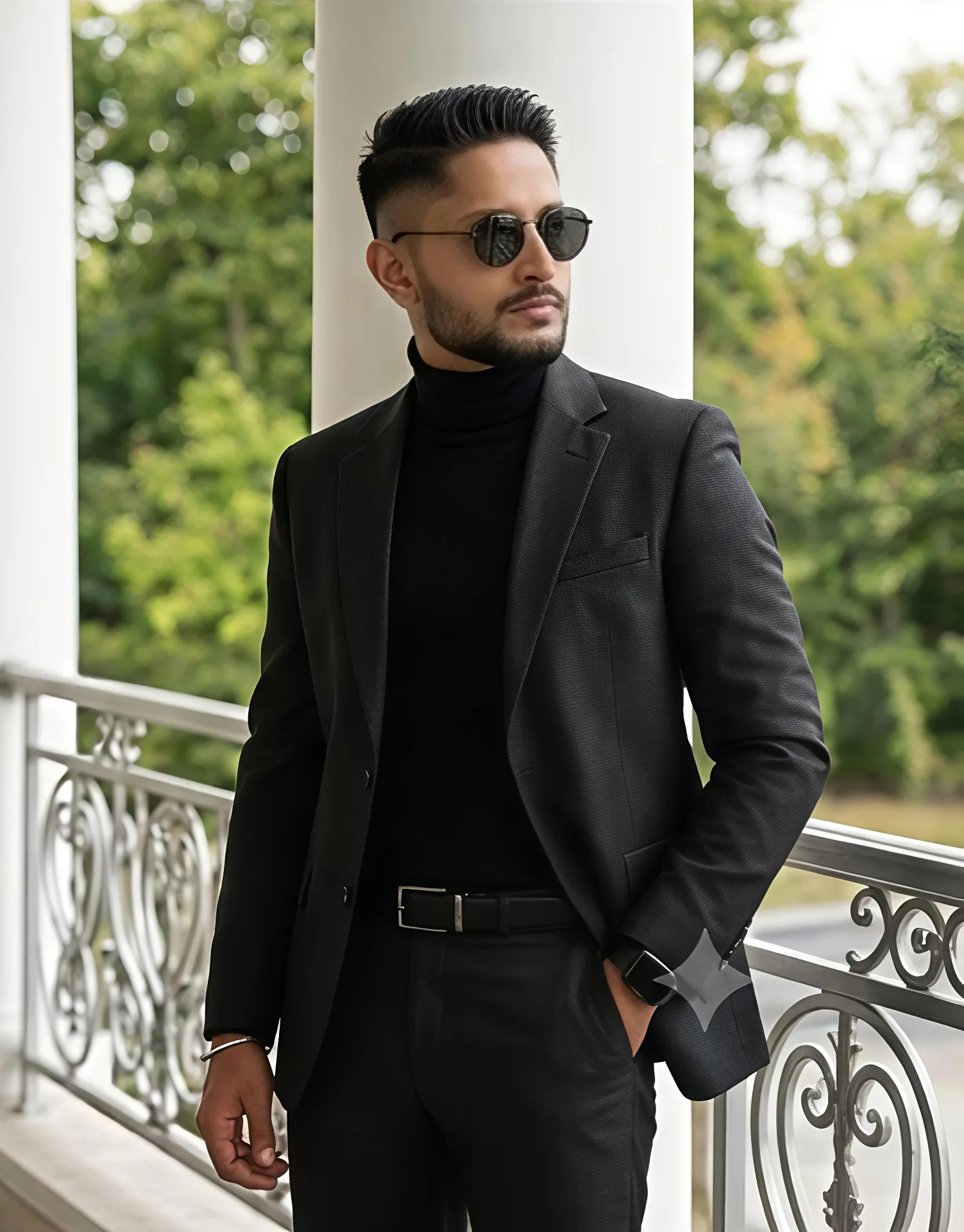 Create a photorealistic cinematic portrait of a confident young man, natural facial features, stylish modern outfit, soft dramatic