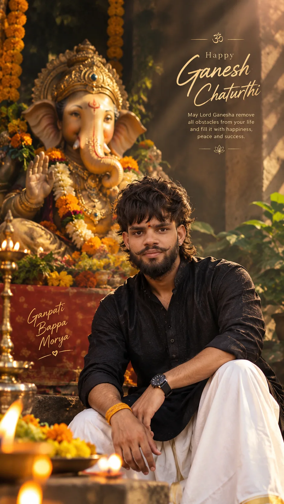 Create a highly photorealistic, premium cinematic Ganesh Chaturthi portrait of ME.