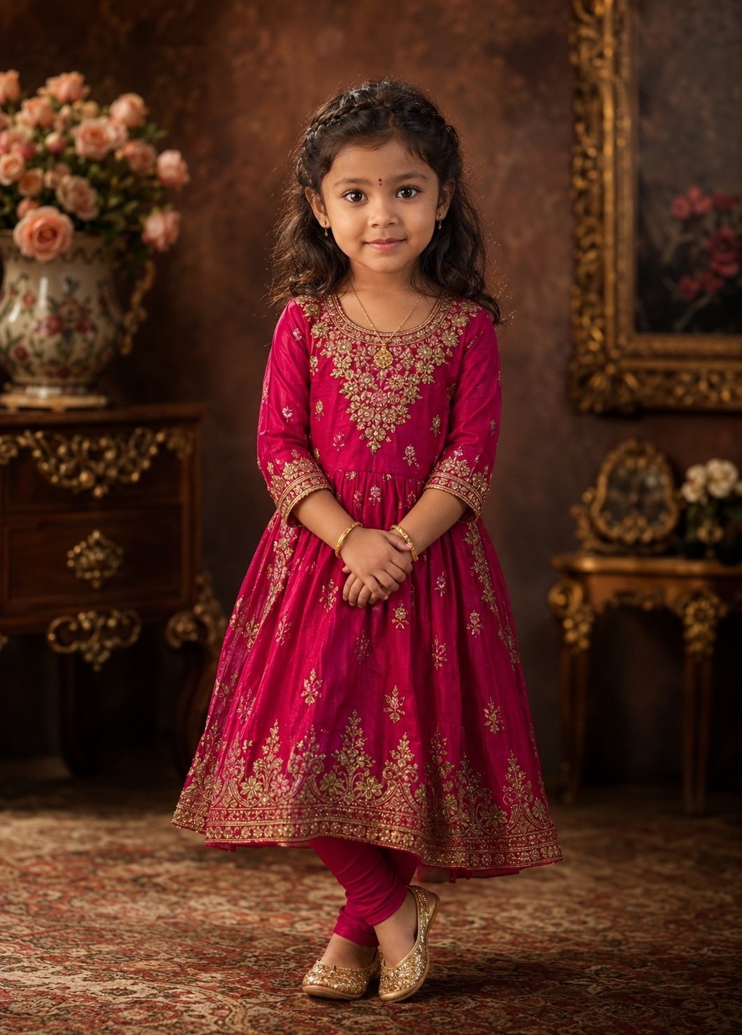 Ultra-realistic luxury children's fashion portrait of an adorable 3-year-old Indian girl with fair warm skin, expressive brown eyes, long