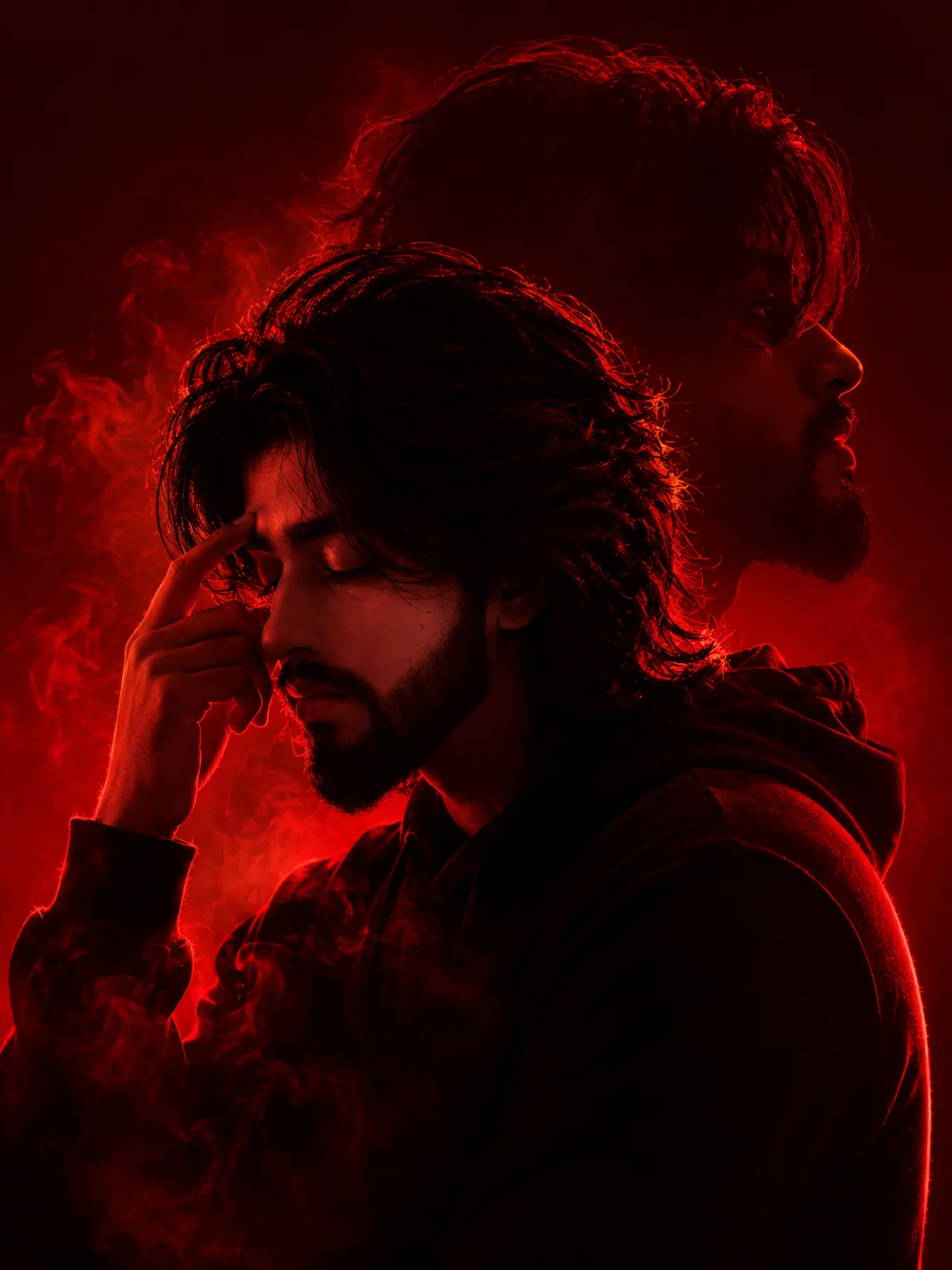 Generate an Ultra-cinematic dramatic red silhouette portrait of a young man in side profile, captured from the shoulders up, standing in a