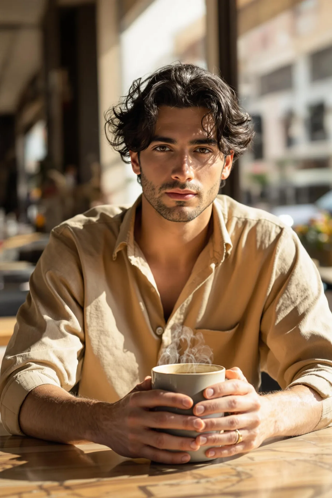 A high-resolution, candid photograph capturing a handsome young man, around mid-20s, sitting by a sunlit window inside a bustling cafe.