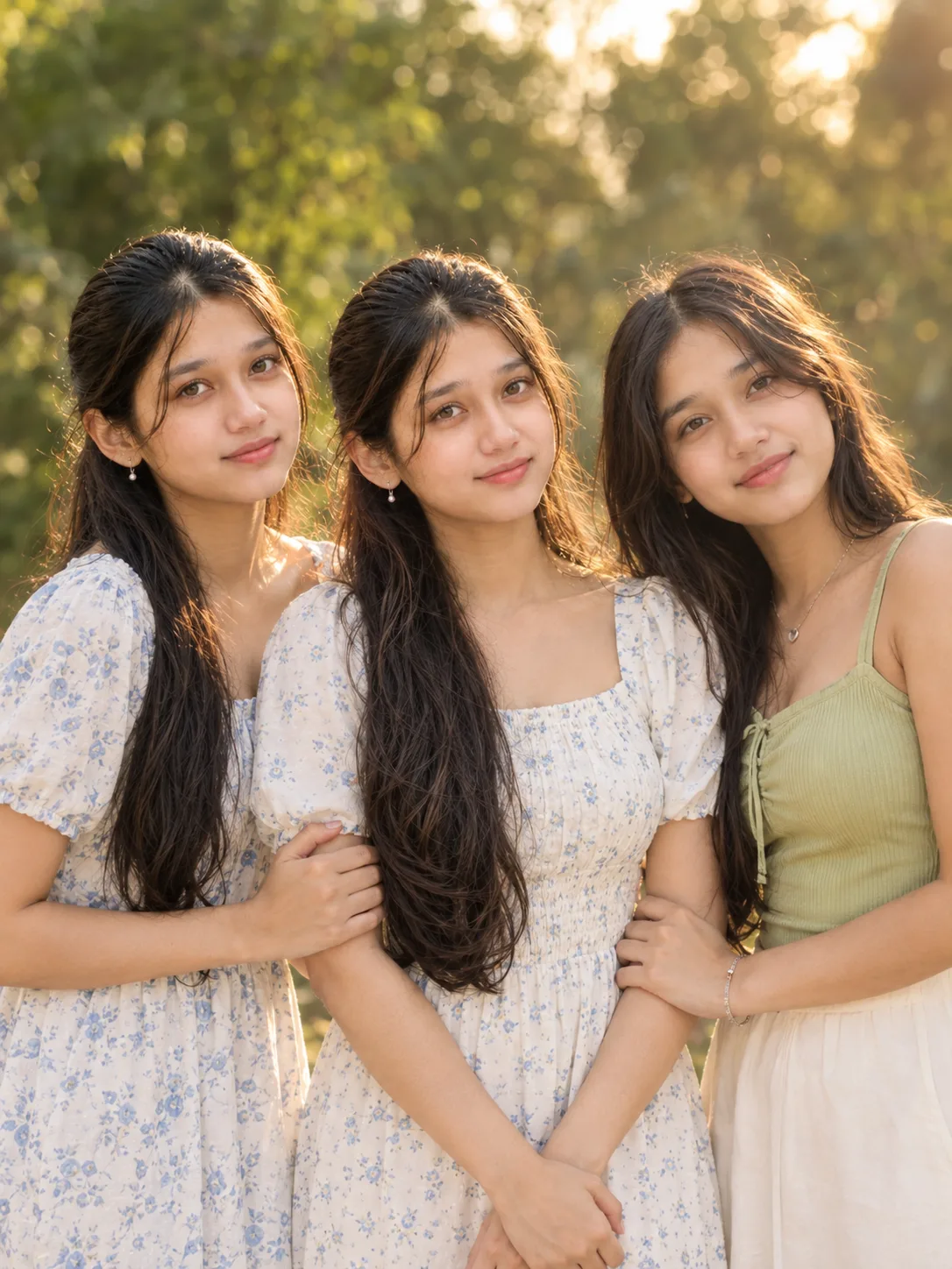 A highly detailed cinematic photograph of three young women standing together outdoors during golden hour.