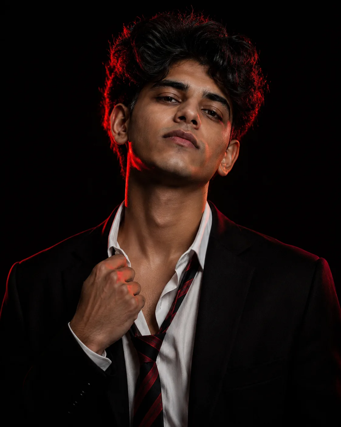 A reference man wearing a black blazer, open-collar white shirt, and loose black-red striped tie, standing against a pure black background,
