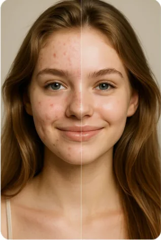 Create a highly realistic before-and-after facial skin restoration portrait using the uploaded image as the exact reference.