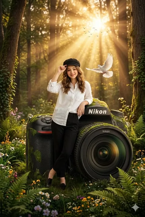 A cinematic, high-detail fantasy photograph of a smiling young woman with wavy brown hair, wearing a black newsboy cap, a crisp white