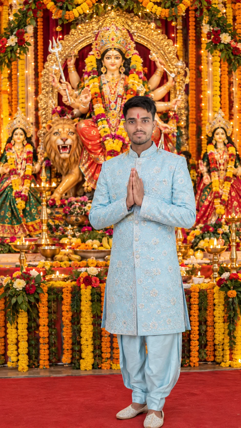 Create a highly realistic, ultra-detailed devotional Navratri portrait using the uploaded reference photo.