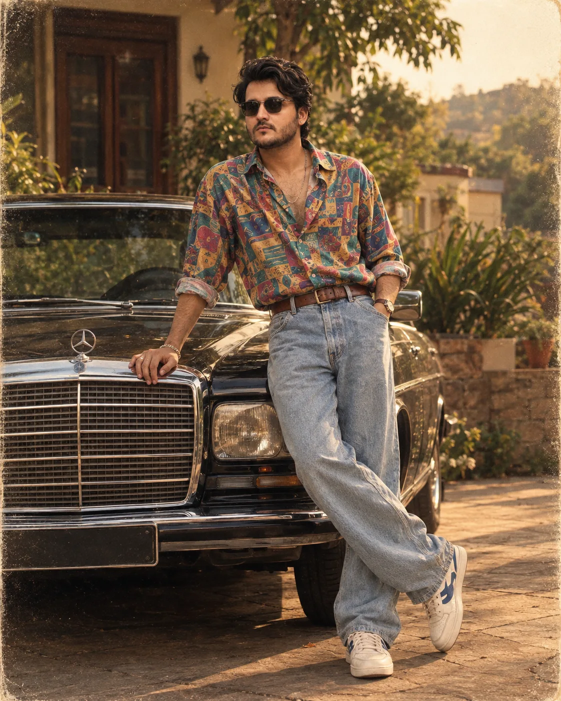 He is dressed in a colorful retro 80s/90s patterned shirt with rolled-up sleeves, tucked into high-waisted light blue baggy jeans with a