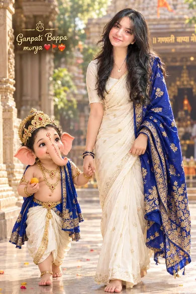 Ultra-realistic divine portrait of a beautiful young Indian woman walking barefoot hand-in-hand with a cute, child-like Lord Ganesha.