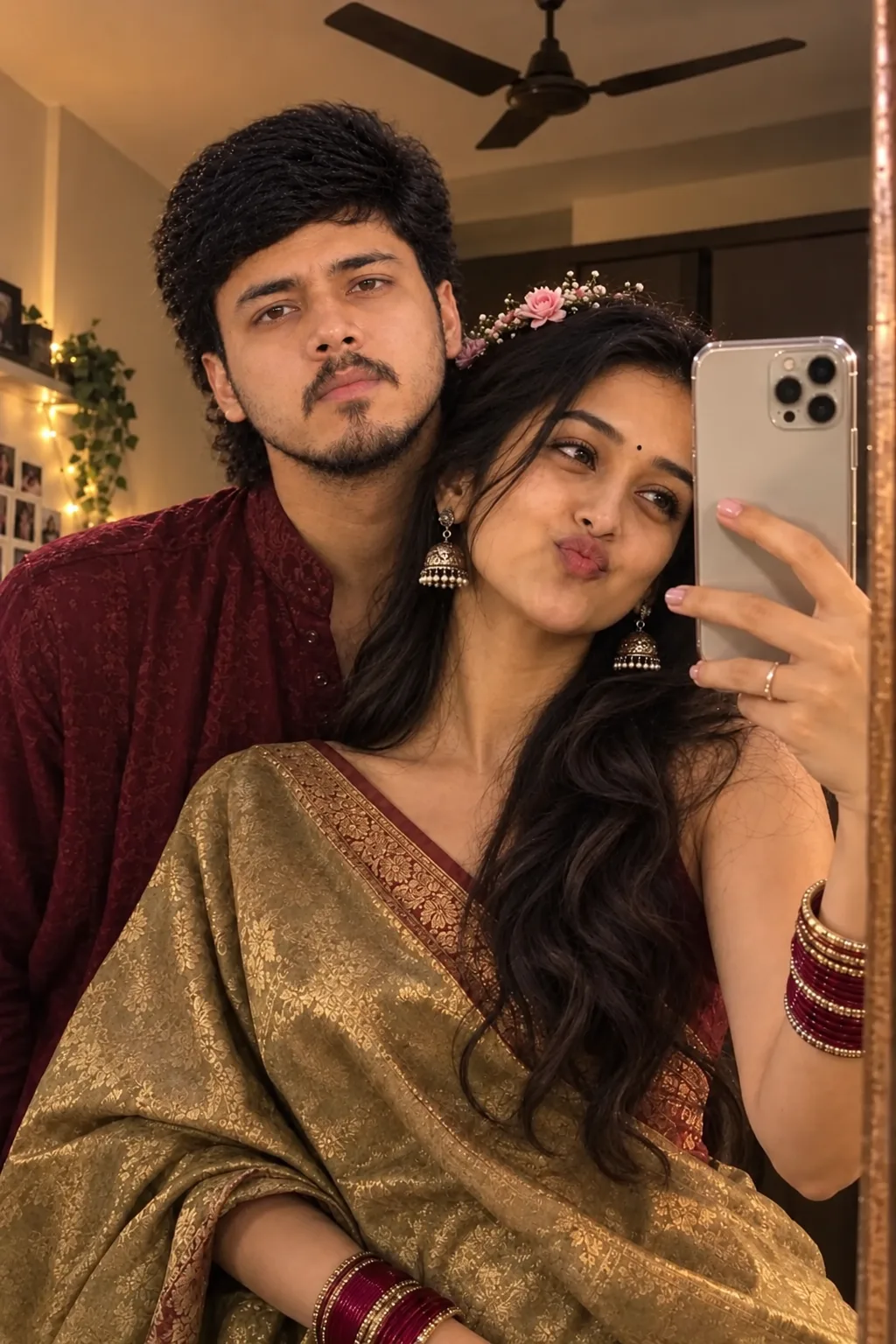Create a warm, photorealistic vertical mirror-selfie portrait of a young adult Indian couple in a cozy bedroom.